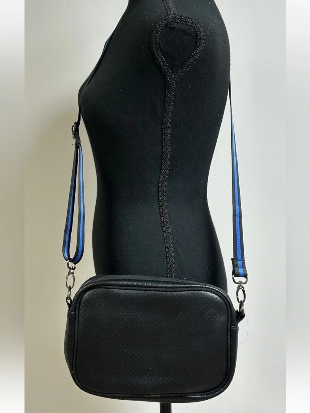 Haute Shore DREW Black Crossbody Bag Epic Blue white Stripe